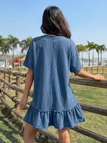 Comfortcana 复古水洗蓝色做旧针织荷叶边下摆短袖连衣裙 - 中等水洗藍 - 查看 2