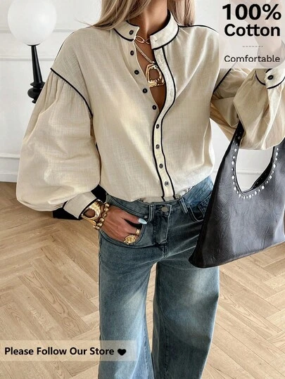 Siren Gaze Blusa de mujer con cuello alto y ribete de color contrastante, blusa de algodón de manga larga, otoño