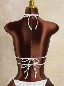 Zestiva Women's Elegant Wave Striped Shell Tie-Up Halter Bikini Top, Summer Beach - Beige - View 2