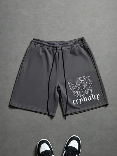 PAVTROS Men's Letter & Angel Print Drawstring Waist Pocket Casual Shorts,Spring To Summer,Summer,Vacation,Vintage,Going Out,Party,Festival,Gift For My Boyfriend,Streetwear,Workout