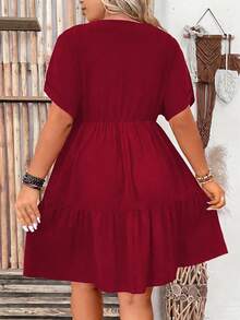 EMERY ROSE 大码休闲纯色蝙蝠袖连衣裙 - 紅色 - 查看 2