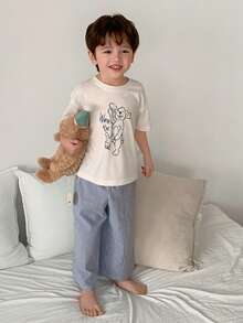 DAZY 男童卡通印花圆领短袖上衣和条纹印花长裤睡衣套装 - 白色 - 查看 1