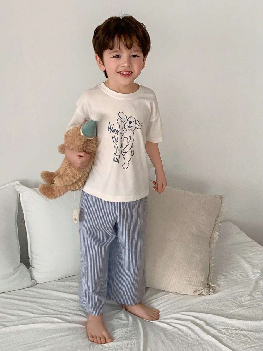 DAZY 男童卡通印花圆领短袖上衣和条纹印花长裤睡衣套装 - 白色 - 查看 1