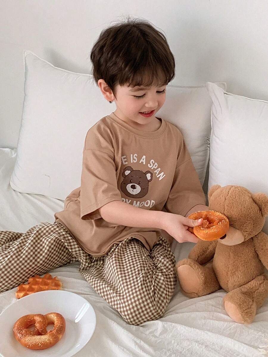DAZY Young Boy Cute Bear Print Short Sleeve T-Shirt And Plaid Pants Pajama Set, Summer - Khaki - View 1