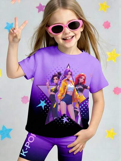 2pcs/Set Baby Girl Casual Fashion K-POP Cartoon Girl Pentagram Ombre Short Sleeve T-Shirt And Matching Ombre Shorts Set