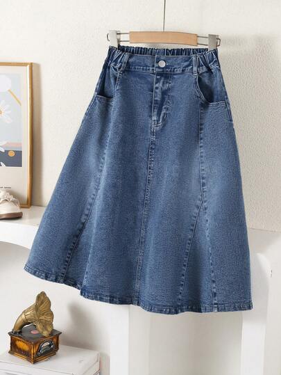 Falda vaquera de estilo informal para niñas preadolescentes, para primavera/otoño y otoño/invierno, color denim azul medio, dobladillo acampanado en forma de A, diseño ajustado, tela suave y cómoda, uso diario de moda