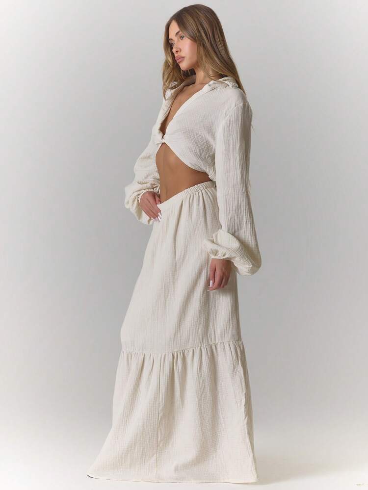 MUSERA 纹理扭结前领露脐上衣和长裙套装，适合约会之夜、春夏优雅婚礼宾客度假假日场合、外出、新娘单身派对等。 - 米色 - 查看 2