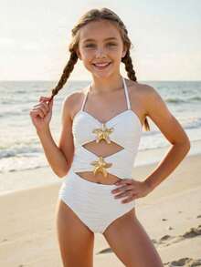 SHEIN Tween Girl Fitted Casual Halter Starfish Decor Hollow One-Piece Swimsuit - White - View 1