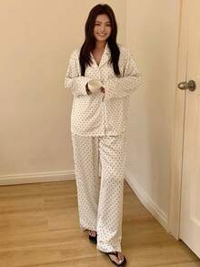 Dazy Plus Conjunto de pijama de pantalón y blusa de manga larga con botones y estampado de lunares para mujer de talla grande - Blanco - Ver 4