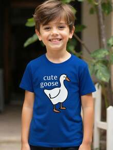 Young Boys' Casual Minimalist Round Neck T-Shirt, Suitable For Summer - Royal Blue - View 1