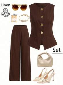 Editum Women's New Elegant Sleeveless Top And Pants Minimalist Commuting Casual Linen Suit Summer Spring Break Outfits Carnival Costume Women Valentine's Day Suitable For Spring/Summer Carnival - Brown - View 3