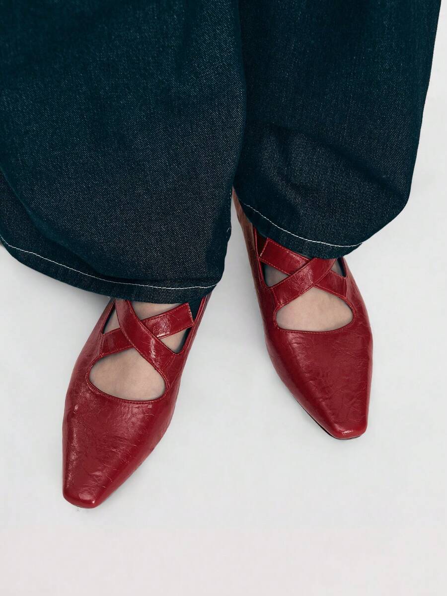 Mnmlis Solid Color Small Square Toe Daily Fashion Comfortable Versatile Casual Flat Shoes, Suitable For Walking Travel And Vacation - Burgundy - View 1