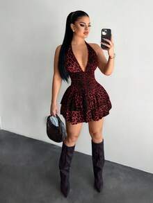 SHEIN SXY 豹纹荷叶边露背无袖连衣裙 - 紅色 - 查看 5