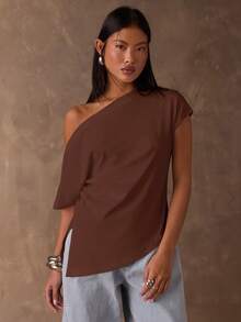 SHEIN BAE Áo thun nữ tay ngắn màu trơn, kiểu dáng thường ngày, vai lệch, thích hợp cho mùa hè. - Cà phê nâu - Xem 4