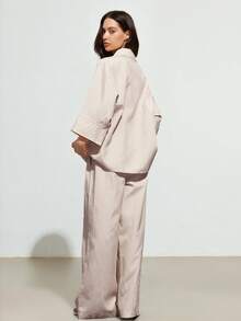 GENKIRA Women's Casual Striped Loose Shirt And High Waist Wide Leg Pants 2 Pieces Set - Apricot - View 2