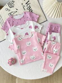 6pcs Baby Girls Cute Kitty, Heart & Polka Dot Print Ruffled Short Sleeve Top And Pants Pajama Set - Multicolor - View 5