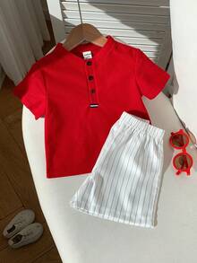 SHEIN Conjunto de 2 piezas de camisa polo de cuello rojo y pantalones cortos a rayas blancas de verano casual para bebé niño, adecuado para fiesta de cumpleaños, rave, fiesta de noche, actuación, boda, baby shower y celebración del 1er cumpleaños - Multicolor - Ver 8
