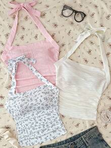 SHEIN Teen Girl 3 PiecesRuffle Casual Halter Neck Camisole Set - Multicolor - View 1