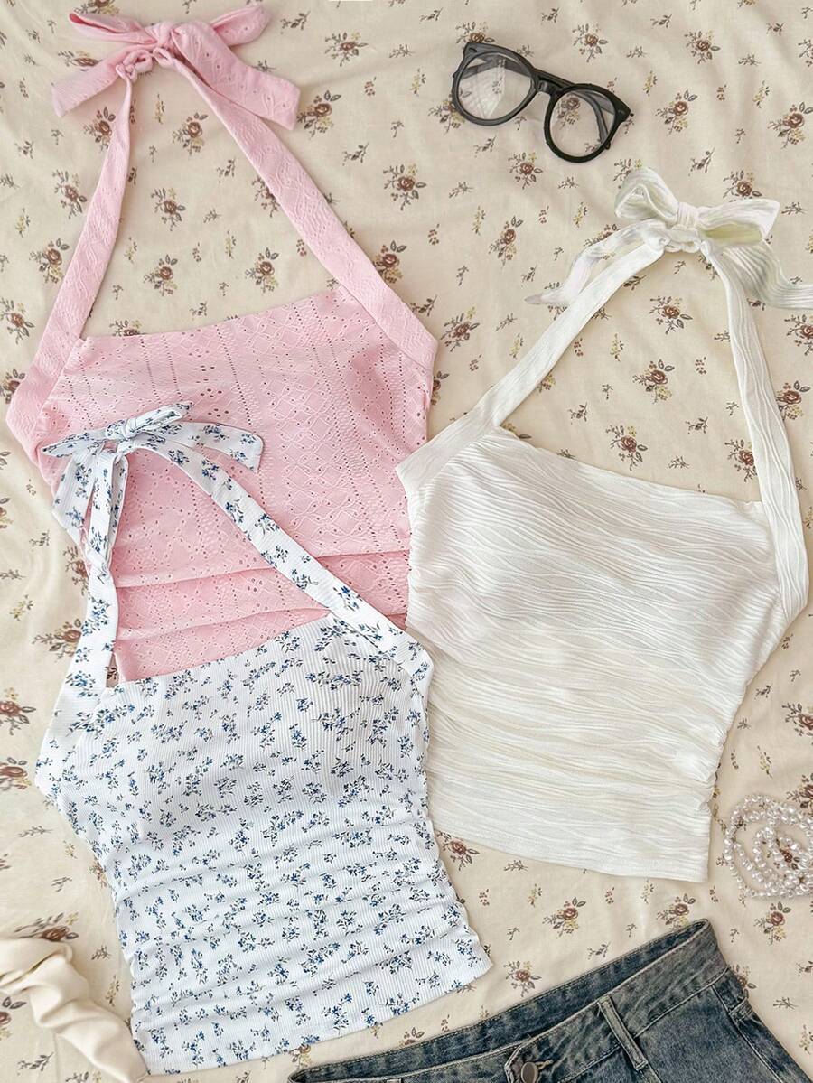 SHEIN Teen Girl 3 PiecesRuffle Casual Halter Neck Camisole Set - Multicolor - View 1