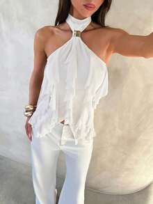 Aloruh 女士优雅多层荷叶边立领修身背心 - 白色 - 查看 6