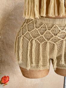 Soleia 两件套波西米亚风吊带露背系带吊带背心和流苏短裤套装，波西米亚风，度假，复古，节日，音乐节 - 杏色 - 查看 6