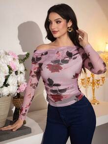 Modelyn Áo thun nữ in hoa, chất liệu lưới, xếp ly, vai lệch, kiểu dáng thường ngày, thời trang cho những buổi đi chơi và hẹn hò, mùa thu. - Hồng - Xem 4