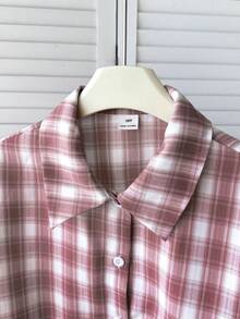 SHEIN Áo sơ mi ngắn tay kẻ caro cổ điển thường ngày dành cho bé gái tuổi teen - Đỏ - Xem 4