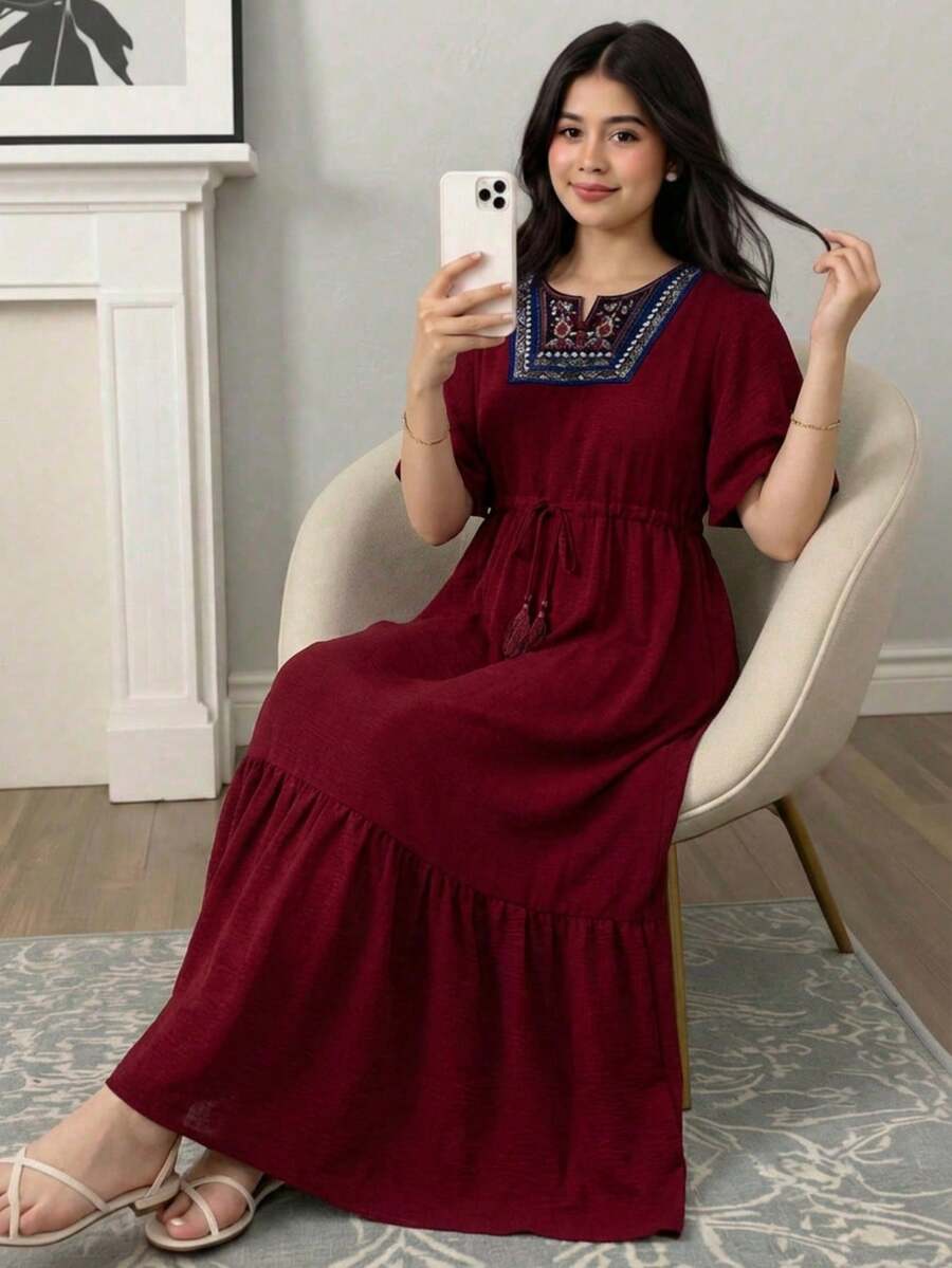 SHEIN Teen Girl Elegant Round Neck Ruffle Sleeve Pattern Patchwork Solid Color Dress - Red - View 1
