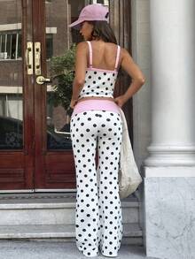 MainGRL 2件套 活力青春美式休闲运动风女童黑色波点粉色滚边撞色装饰吊带背心和阔腰喇叭裤，春夏款 - 彩色 - 查看 2