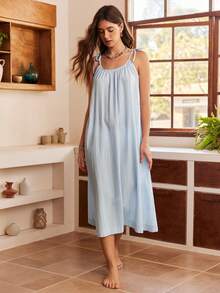 Bohemian Casual Vacation Jacquard Cotton Tie-Up Spaghetti Strap A-Line Loose Women Homewear Dress - Baby Blue - View 3