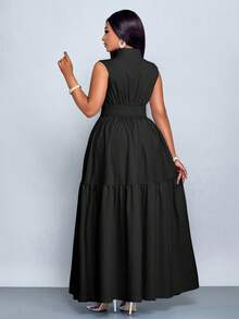 SOLERSUN 加大码蓝色立领前开襟无袖束腰系带连衣裙女式优雅休闲时尚通勤外出连衣裙夏季新款女装 - 黑色 - 查看 2