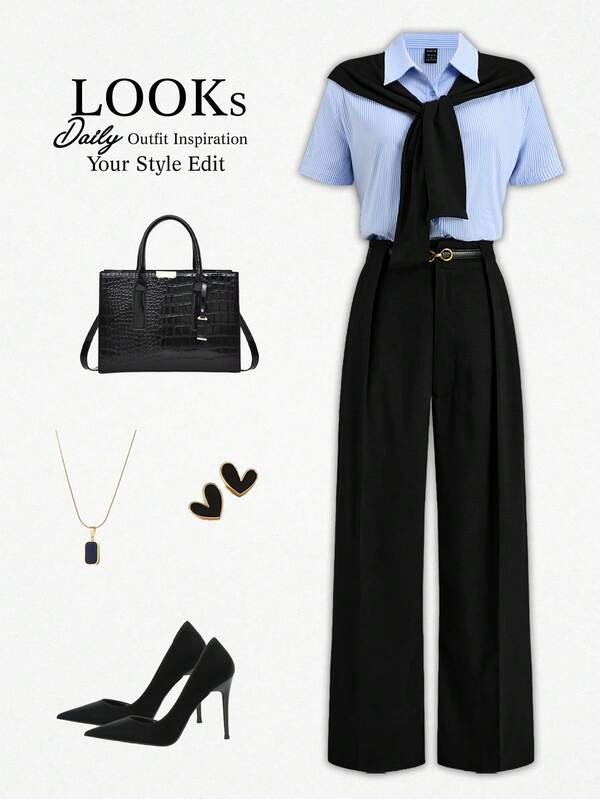 Ellevyn Women's Striped Short Sleeve Shirt And Pants Casual 2 Pieces Set With Shawl Summer Outfits For Women  Women's Casual And Elegant Outfits  
Spring/Summer Outings, Work Commute, School Back-To-School: Three-Piece Set Including Shirt, Trousers, And Black Dress Pants; Office Wear, Everyday Commuting, Blue And White Shirt With Shawl Design. Teacher Outfit Women Work Outfits Work Attire Corporate Outfit