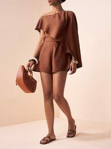 Zivah 2026春夏新款音乐节、复活节、圣帕特里克节、情人节、约会、西部风、游牧风、生日派对、毕业典礼、大学、学生、日常休闲、百搭基础款、休闲、度假、邮轮旅行、海滩、日光浴、热门款、街头风、婚礼宾客波西米亚风、通勤、早午餐、机场、派对、假日郊游、办公装、不对称肩部飘逸连体裤、亚麻棕色连体裤 - 棕色 - 查看 6