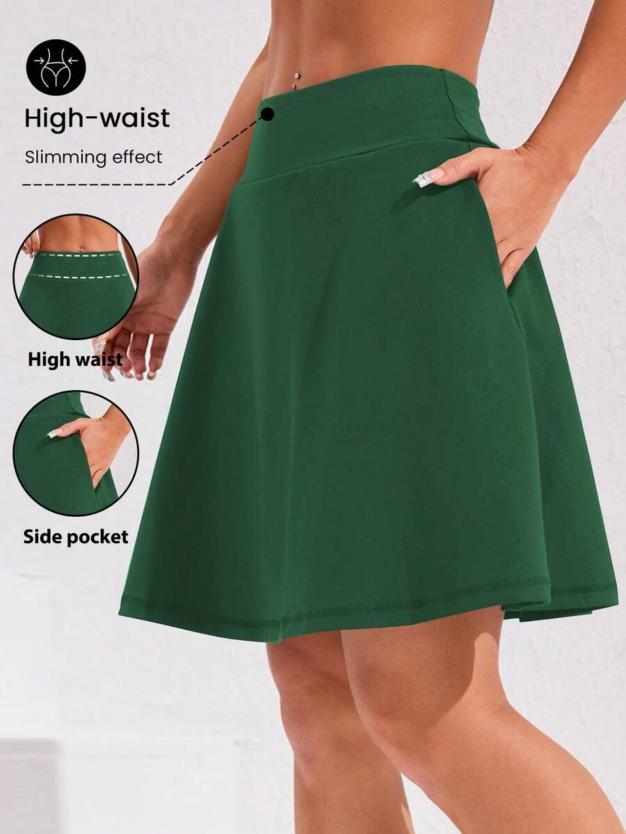 Easithlete 高腰运动裙，带口袋，防摩擦，适合瑜伽、跑步、健身 - 綠色 - 查看 1