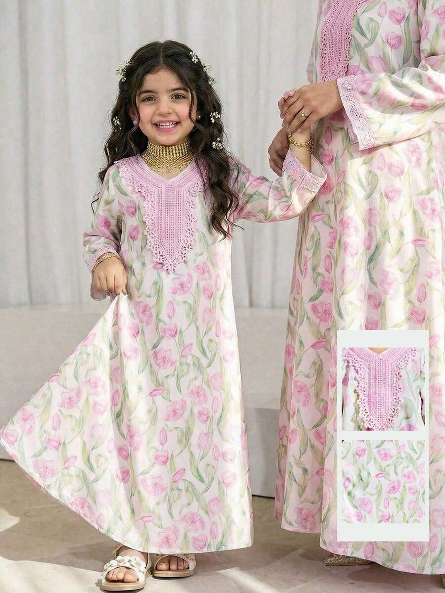 Đầm dài tay cổ chữ V dáng rộng in hoa dành cho bé gái - Nhiều màu - Xem 1