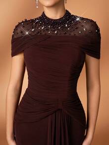 Serin 优雅奢华的菱形图案薄纱拼接弹力针织褶皱袖鱼尾裙，适合婚礼、派对、度假、舞会、新娘母亲晚礼服 - 酒紅色 - 查看 2