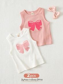 Cozy Pixies 2pcs/Set Baby Girl Bow Pattern Knit Soft Baby Bow Tank Tops Sets Spring Clothes - Multicolor - View 3