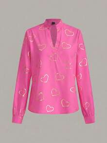 EMERY ROSE Heart Print Cutout Collar Casual Shirt, Spring/Autumn - Hot Pink - View 5