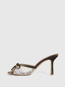 CUCCOO SZL 女士优雅通勤蕾丝蝴蝶结装饰高跟凉鞋 - 橄欖綠 - 查看 9