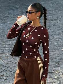 Muchica 休闲黄色波点针织女式圆领长袖T恤 - 棕色 - 查看 5