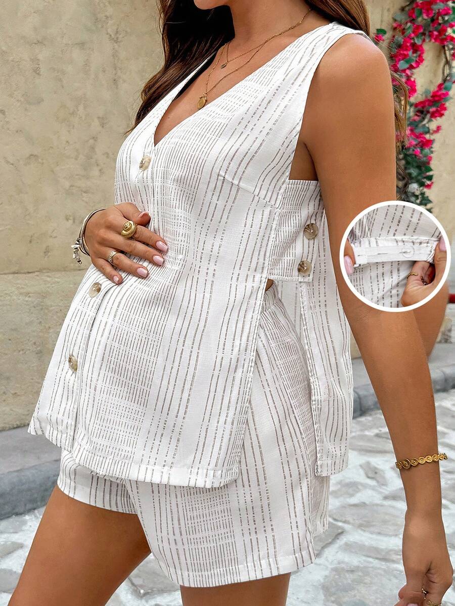 SHEIN 2pcs Maternity V-Neck Button Front Slit Cami Top And Shorts Casual Set - Khaki - View 1