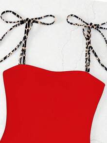 Swim Vcay Traje de baño de una pieza con tirantes finos y estampado de leopardo, ajustado con color contrastante para la playa - Multicolor - Ver 3