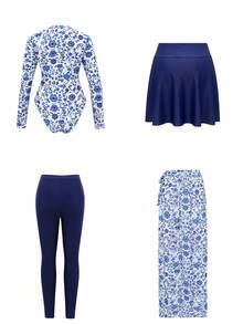 Swim Mulvari Women's 4-Piece Set: Blue Floral Print One-Piece Dress With Sheer Skirt, Long Sleeve Bodysuit, And Fitted Pants, Modest Yet Fashionable Vacation Swimsuit, Spring/Summer - Blue - View 10