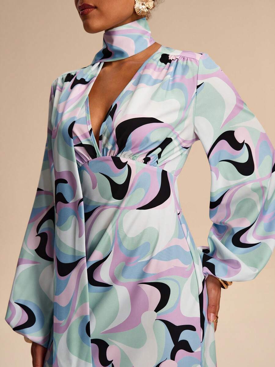 Breezaya 女士几何印花V领泡泡袖褶皱腰身设计优雅长袖连衣裙，多色 - 彩色 - 查看 1