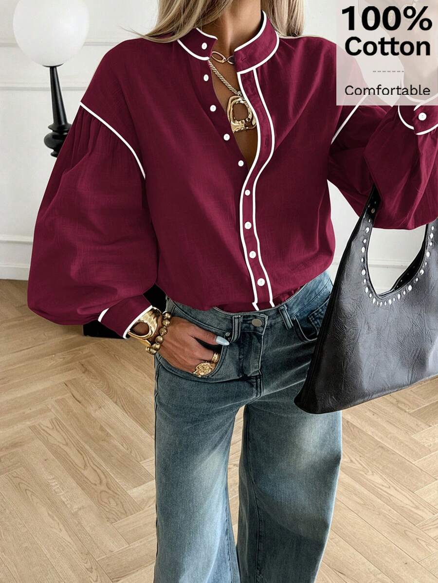 Siren Gaze Camicia a maniche lunghe con bordi a contrasto, blusa in cotone con collo alla coreana, autunnale - Bordò - Visualizzare 1