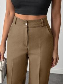 SHEIN 娇小码女式纯色高腰直筒裤，适合日常穿着 - 米色 - 查看 5