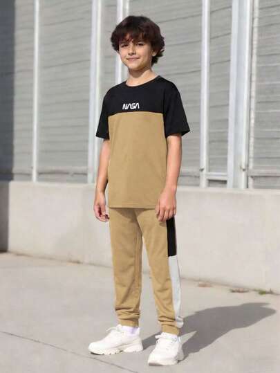 Vacaura 男童休闲字母图案撞色T恤套装，适合休闲、日常通勤、运动和上学穿着