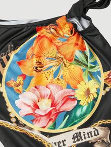 SHEIN MOD Áo kiểu nữ vai lệch, họa tiết hoa cổ điển, thắt eo. - màu đen - Xem 3