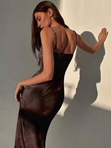 Aloruh Đầm maxi dáng đuôi cá ôm sát, dây mảnh, cổ xếp ly, in họa tiết, thanh lịch cho kỳ nghỉ. - Cà phê nâu - Xem 2