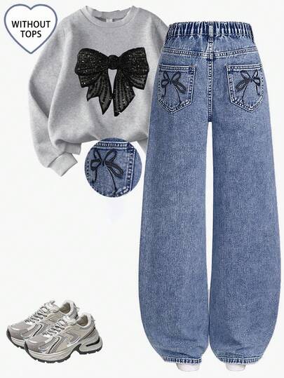 SHEIN ChillGRL Tween Girls' Light Blue Washed Denim Jeans With Bowknot Hem Design, Loose Straight Leg, High Waist, Versatile For Daily Wear, School, Commute, Party, Holiday, Back To School Jeans With Bows Wide Leg Jeans Teen Girls